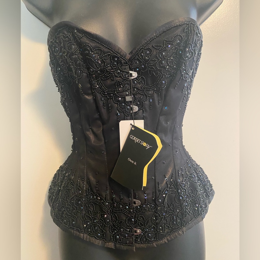 NWT Black Satin Beaded Steel Boned Corset by Corset Story